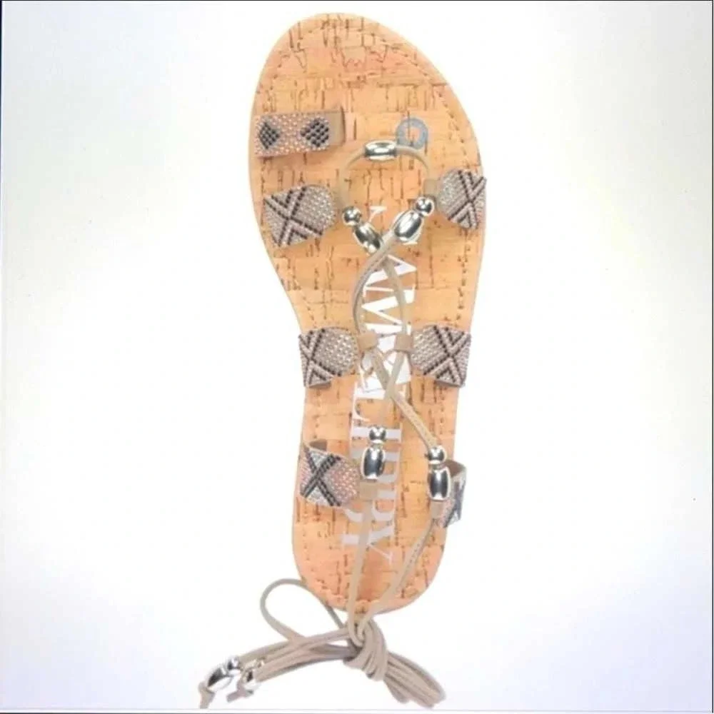 Bronze Beaded Lace Up‎ Gladiator Sandals Boho Festival Strappy Flat Cork Footbed